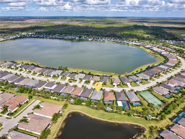 aerial view featuring a water view