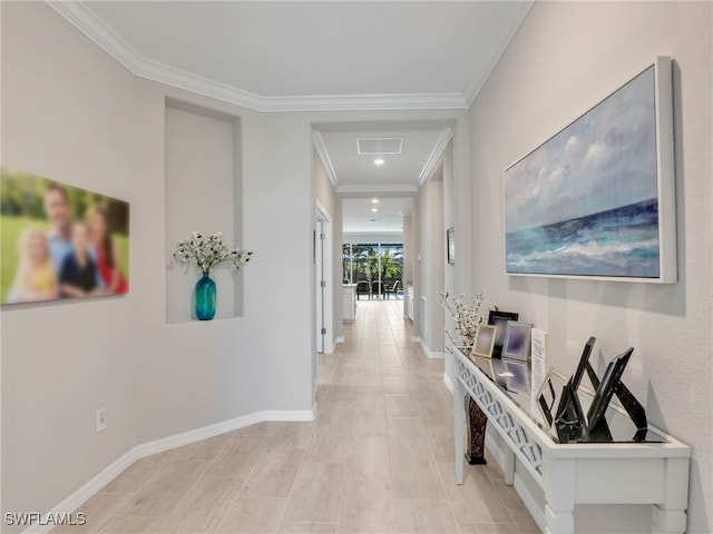 corridor featuring ornamental molding