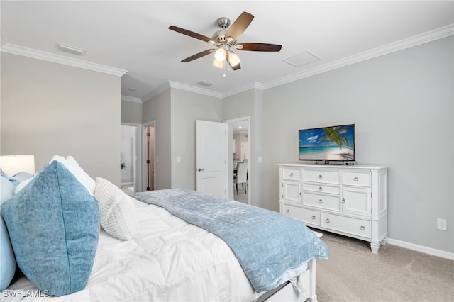 bedroom featuring light carpet, ceiling fan, and crown molding