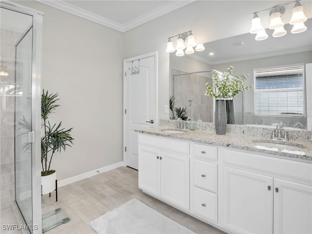 bathroom featuring vanity, tile patterned flooring, ornamental molding, and walk in shower