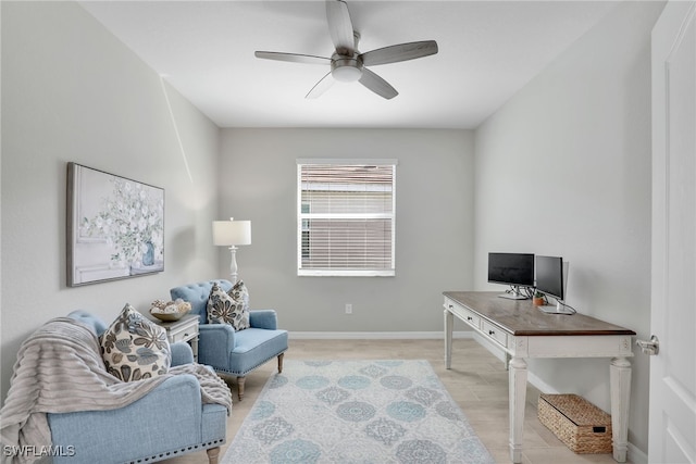 office area featuring ceiling fan and light hardwood / wood-style flooring