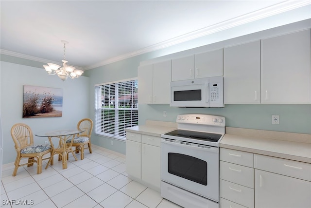 kitchen with white appliances, crown molding, decorative light fixtures, a notable chandelier, and white cabinetry