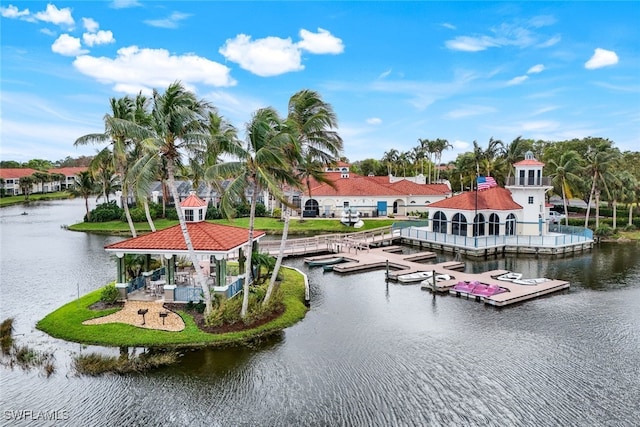 exterior space featuring a gazebo and a boat dock