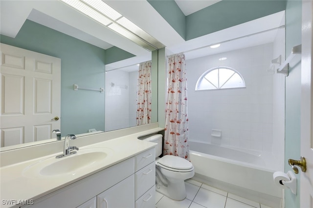 full bathroom featuring vanity, tile patterned flooring, shower / bathtub combination with curtain, and toilet