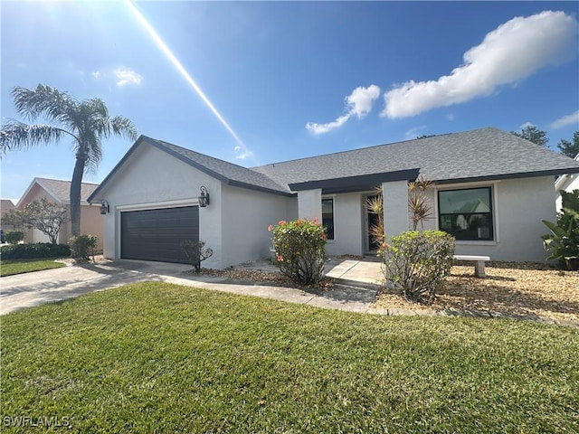 ranch-style home featuring a garage and a front lawn