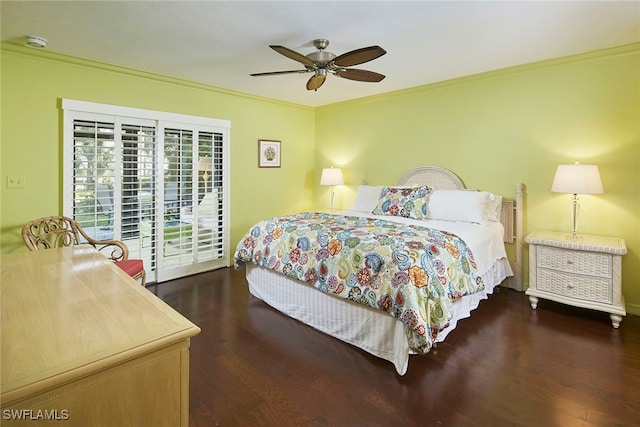 bedroom with access to outside, dark wood-type flooring, ceiling fan, and crown molding