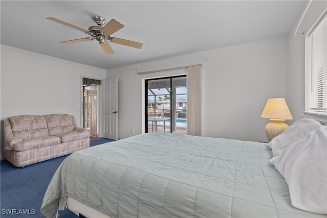 carpeted bedroom featuring access to outside and ceiling fan