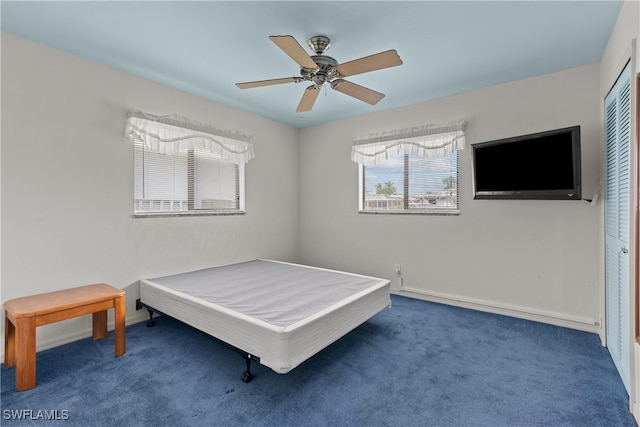 bedroom featuring carpet flooring, ceiling fan, and a closet