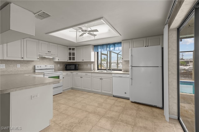 kitchen with ceiling fan, white cabinetry, white appliances, and light tile patterned floors