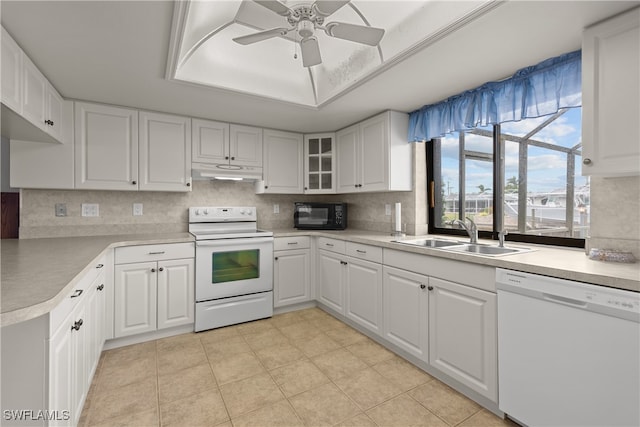 kitchen with white cabinets, ceiling fan, white appliances, and sink