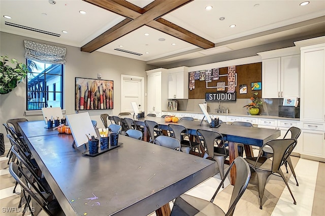 dining room with beamed ceiling and coffered ceiling