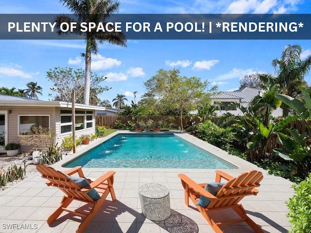 view of pool with a fenced in pool, a patio, and a fenced backyard