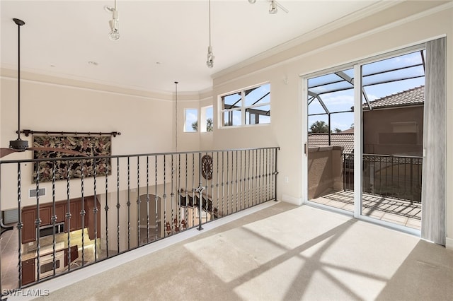 interior space with a sunroom, crown molding, and carpet flooring