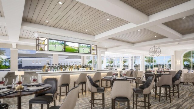 interior space featuring coffered ceiling, beam ceiling, and a healthy amount of sunlight