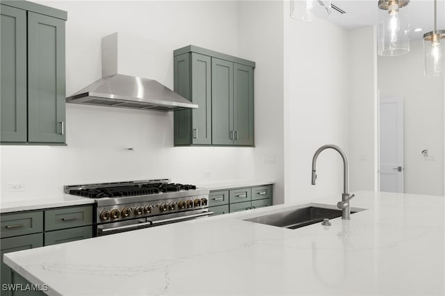 3509 5th Ave SW, Naples, FL 34117 - kitchen featuring wall chimney exhaust hood, green cabinetry, double oven range, a sink, and light stone counters