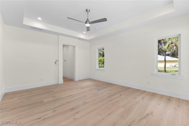 empty room featuring plenty of natural light, light hardwood / wood-style flooring, and a tray ceiling