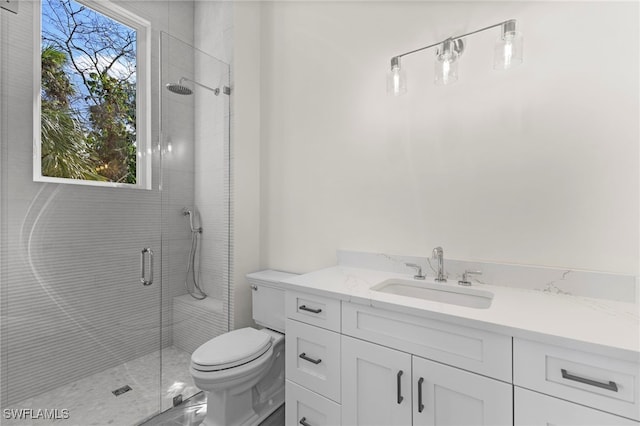 bathroom with walk in shower, vanity, toilet, and a healthy amount of sunlight