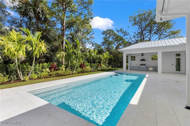 view of pool featuring a patio area and ceiling fan