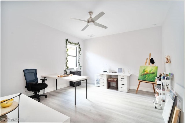 office space with light hardwood / wood-style floors and ceiling fan