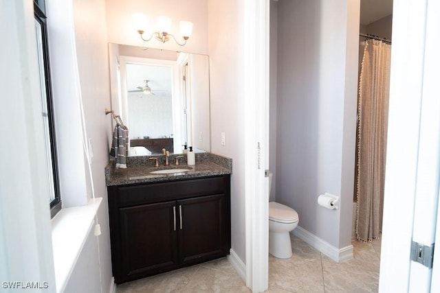 bathroom with tile patterned floors, vanity, toilet, and ceiling fan