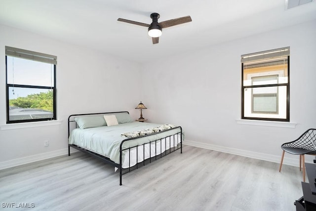 bedroom featuring light wood-type flooring and ceiling fan