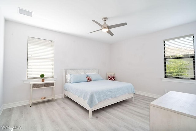 bedroom featuring ceiling fan and light hardwood / wood-style floors