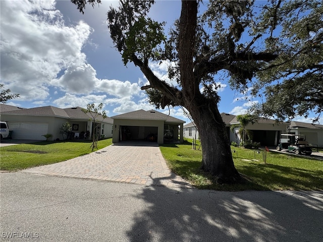 single story home featuring a garage, a front lawn, and a carport