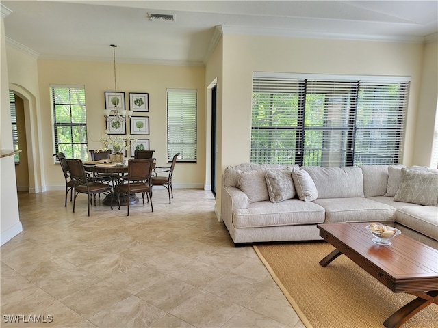 living room with crown molding