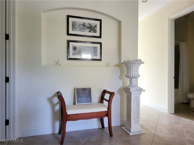 living area with light tile patterned flooring and crown molding