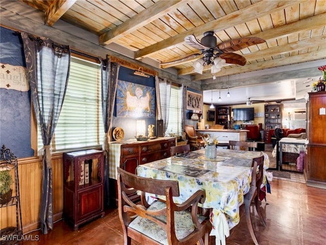 tiled dining room featuring ceiling fan, a healthy amount of sunlight, wooden ceiling, and beamed ceiling