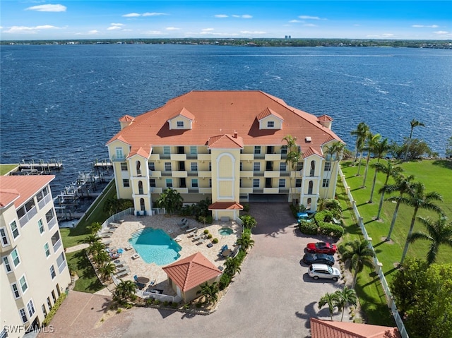 drone / aerial view featuring a water view