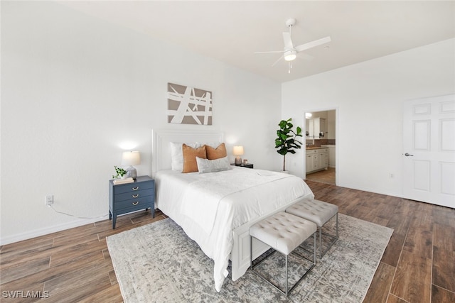 bedroom featuring ceiling fan and connected bathroom