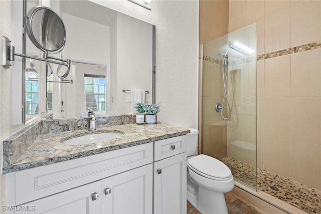 bathroom featuring toilet, a shower with shower door, and vanity