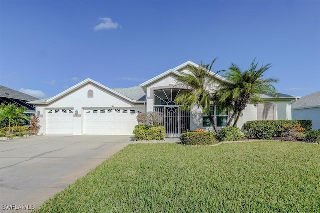 view of front of home with a front yard and a garage