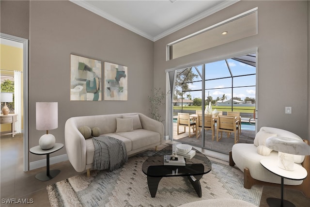 tiled living room featuring crown molding