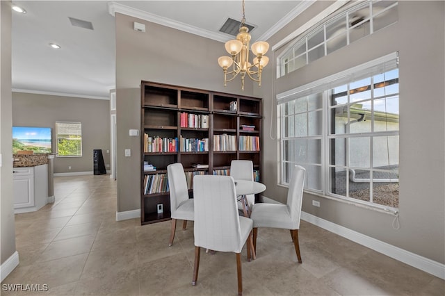 tiled dining space with a notable chandelier and ornamental molding