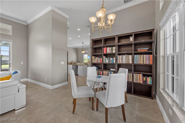 dining space featuring an inviting chandelier and ornamental molding