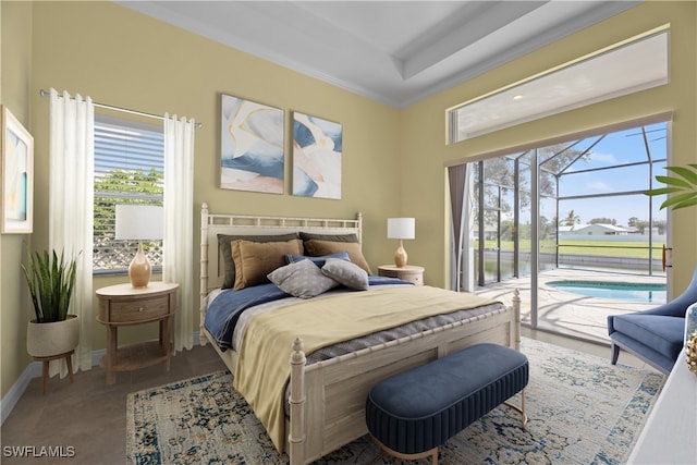 bedroom featuring access to outside, tile patterned flooring, and crown molding