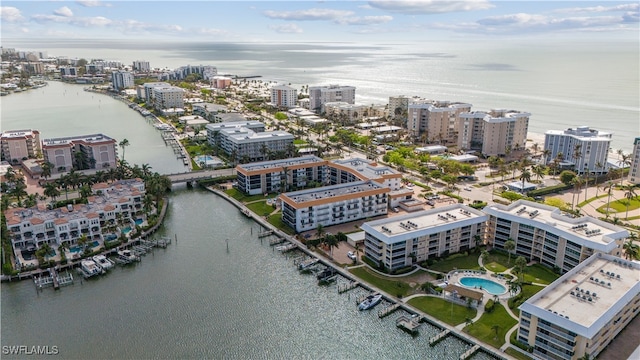 drone / aerial view with a water view