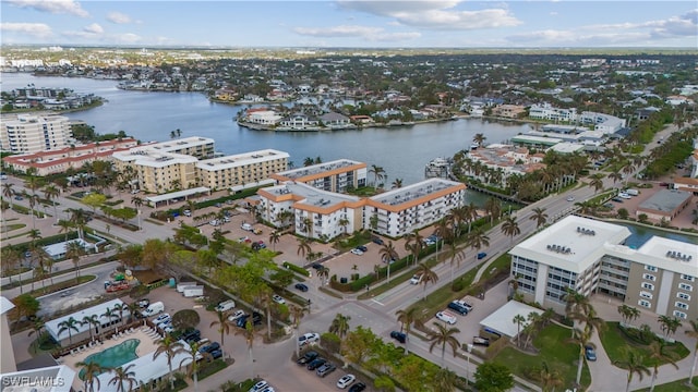 bird's eye view with a water view