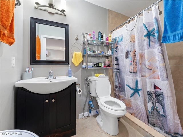 bathroom with a shower with curtain, tile patterned flooring, vanity, and toilet