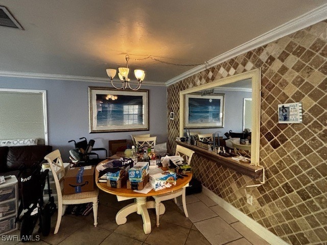 tiled dining room featuring a chandelier, tile walls, and ornamental molding