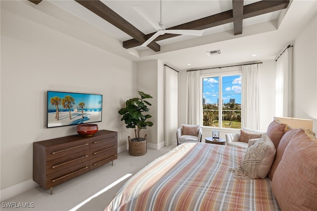 carpeted bedroom with beamed ceiling, ceiling fan, and coffered ceiling