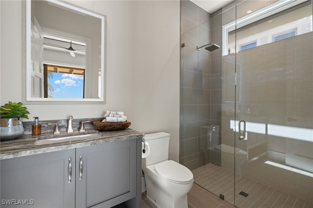 bathroom with vanity, toilet, and walk in shower