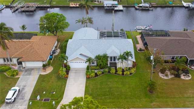 bird's eye view with a water view