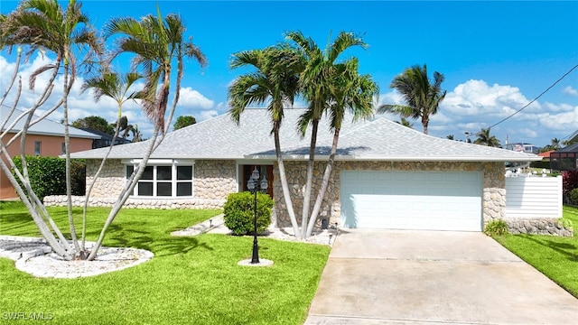 ranch-style home featuring a front yard and a garage