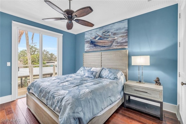 bedroom with a ceiling fan, access to outside, dark wood finished floors, and baseboards