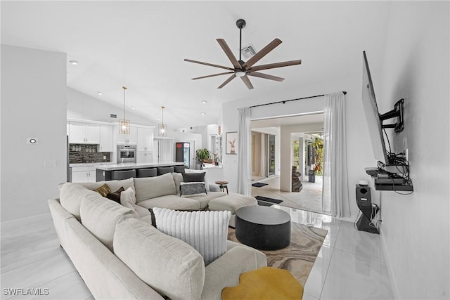 living room with lofted ceiling and ceiling fan