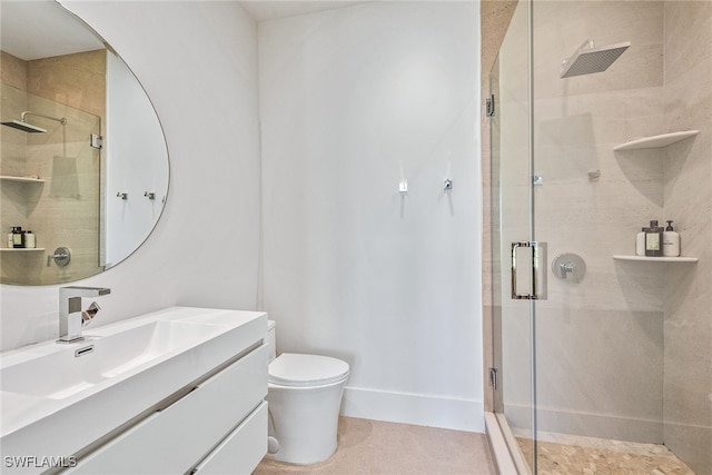 bathroom with walk in shower, vanity, and toilet