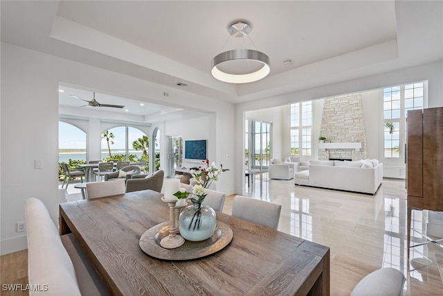 dining room featuring plenty of natural light, ceiling fan, and a raised ceiling